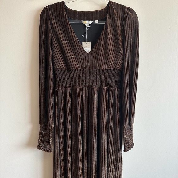 NWT Boden Metallic Brown Jersey Maxi Dress V-Neck Long Sleeve Size 6P Cinched - Picture 5 of 15